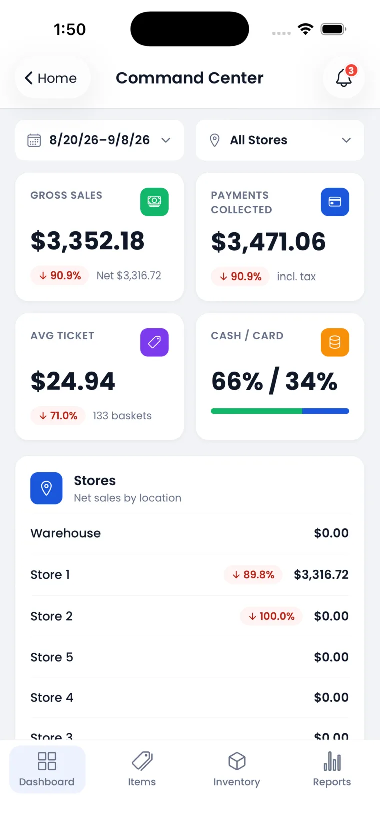 Command Center reporting on the Insight POS mobile app