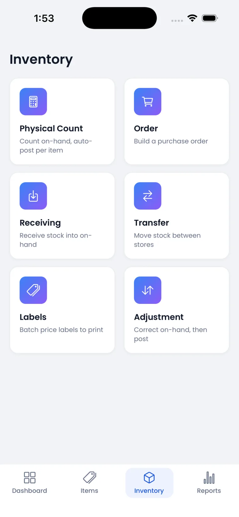 The Inventory hub on the Insight POS mobile app