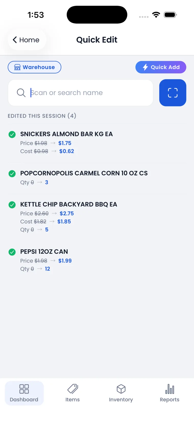 Quick Edit repricing on the Insight POS mobile app