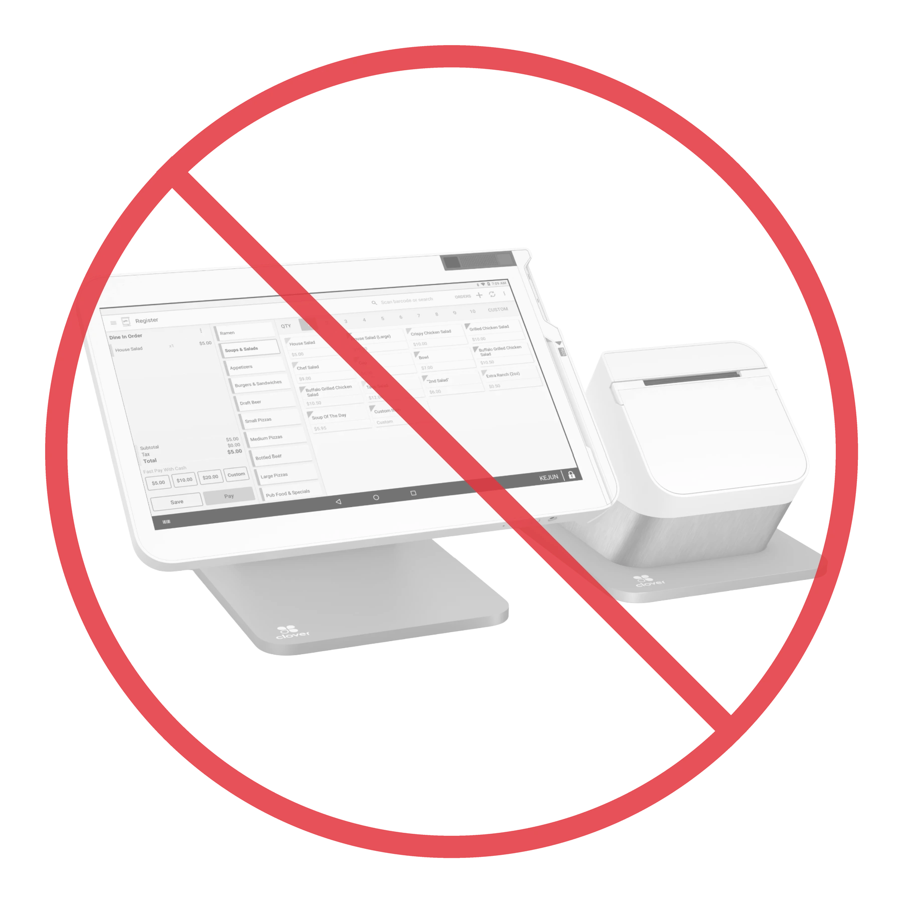 A Clover register crossed out with a red no symbol — the app-store POS Insight replaces