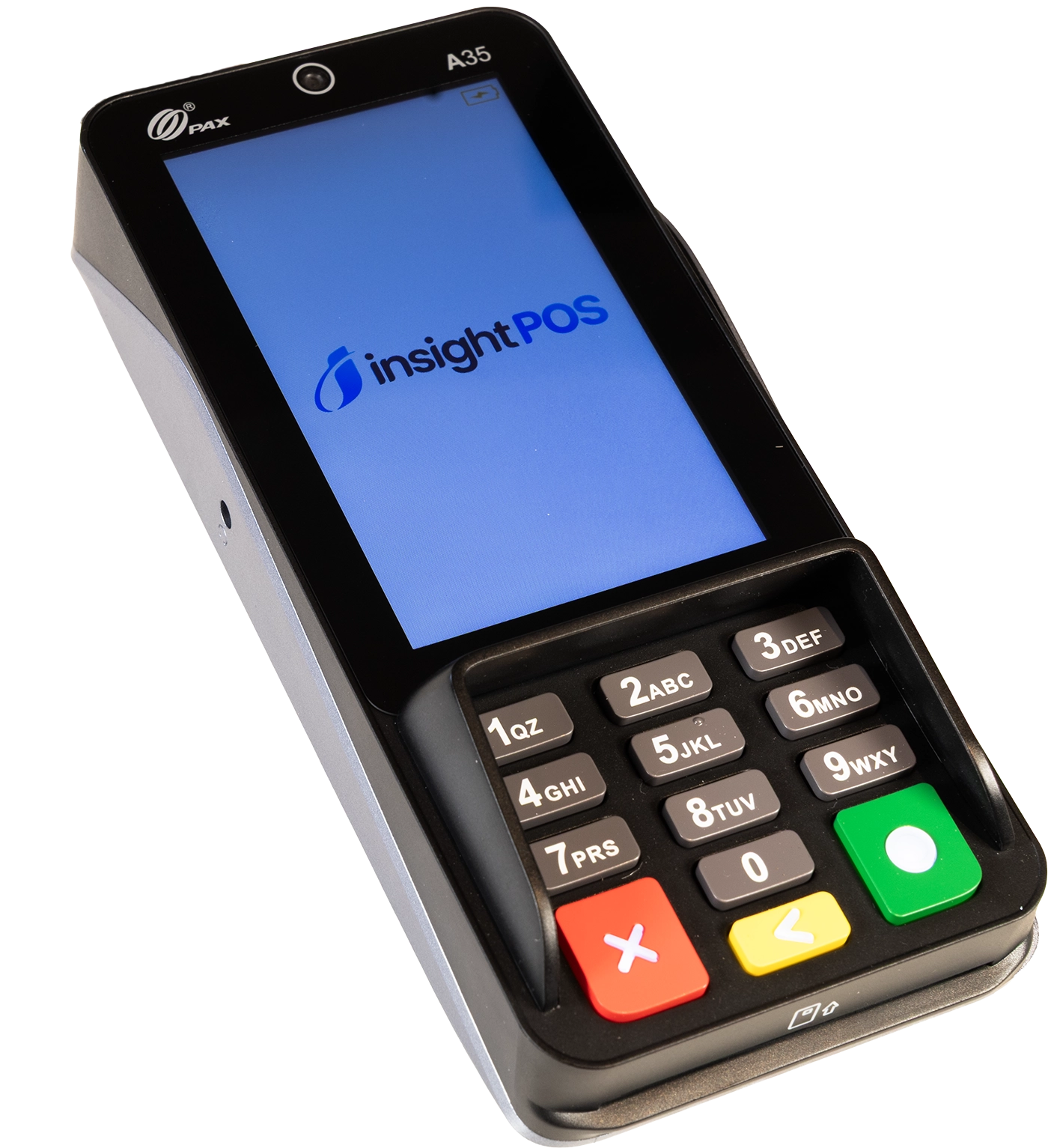 PAX A35 PIN pad showing the Insight POS screen — integrated card processing on Fiserv