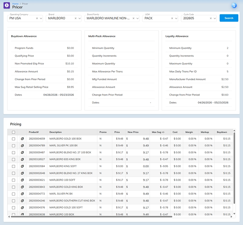 Pricer — Altria price and promotion data in the Insight back office