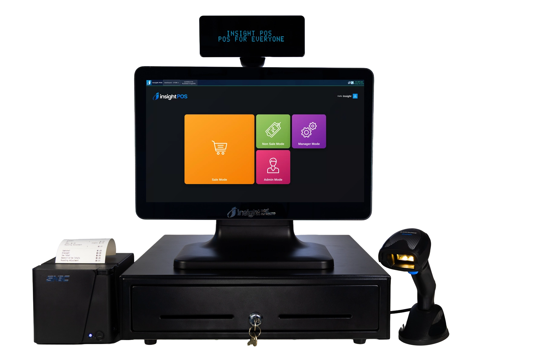 Insight POS Workstation — RPi POS PC, G2 touch monitor, 2×20 VFD customer display showing dual pricing, cash drawer, receipt printer, and barcode scanner