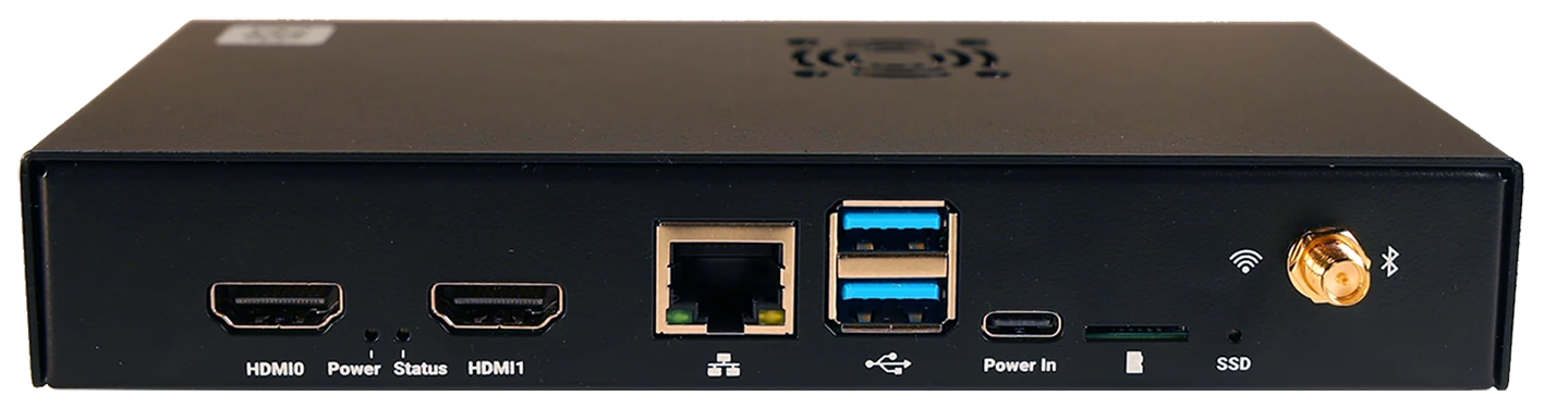 RPi POS PC rear panel — labelled HDMI0/HDMI1, Power, Status, Ethernet, USB 3.0, Power In, and WiFi antenna