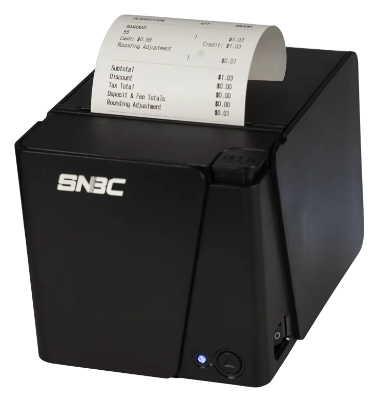 SNBC N60 thermal receipt printer printing a dual-price receipt — cash and credit