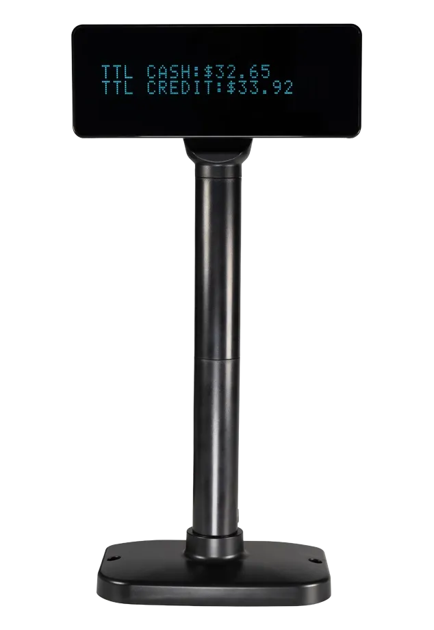 2×20 VFD pole display showing dual pricing — TTL CASH and TTL CREDIT