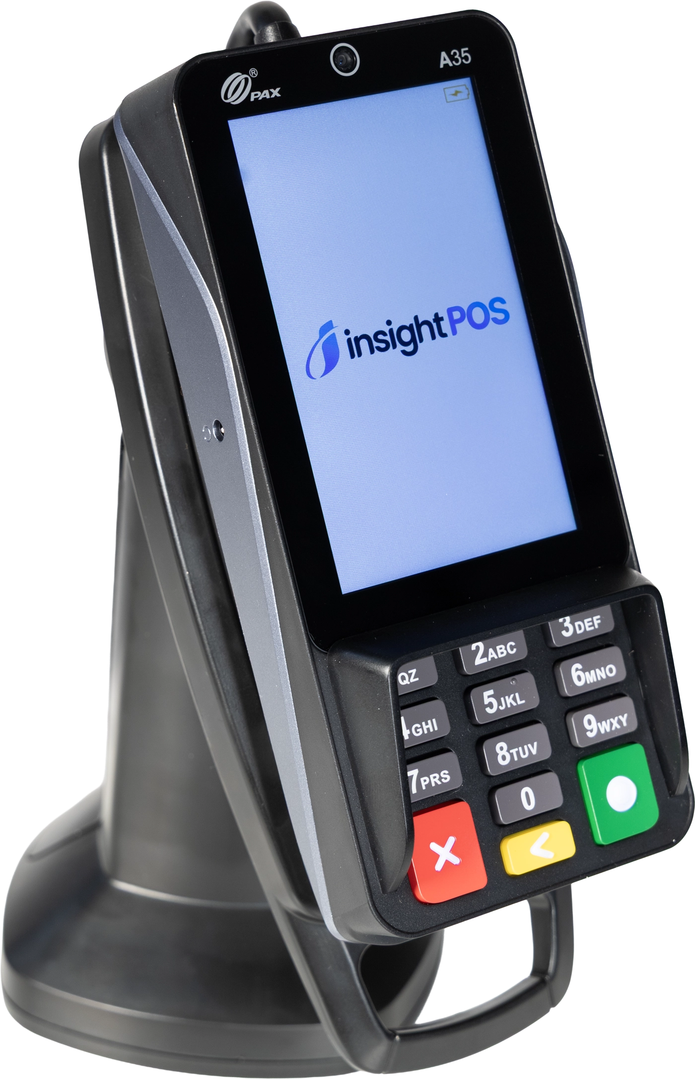 PAX A35 PIN pad on a Havis stand showing the Insight POS screen — Insight Payments, processed on Fiserv