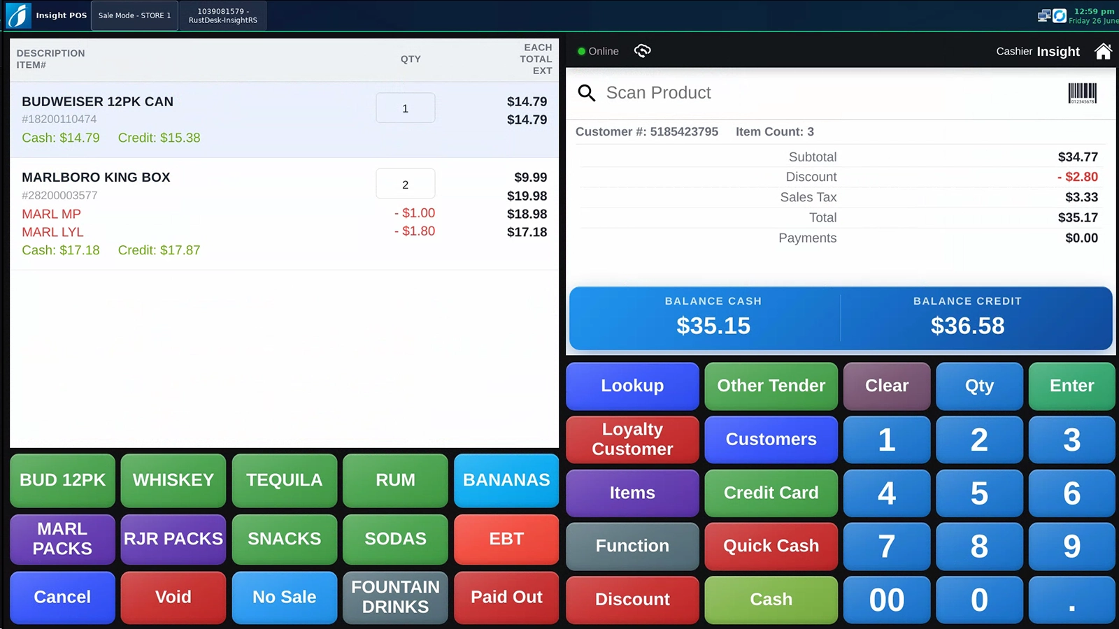 The Insight POS App — sale screen with dual pricing and one-touch buttons