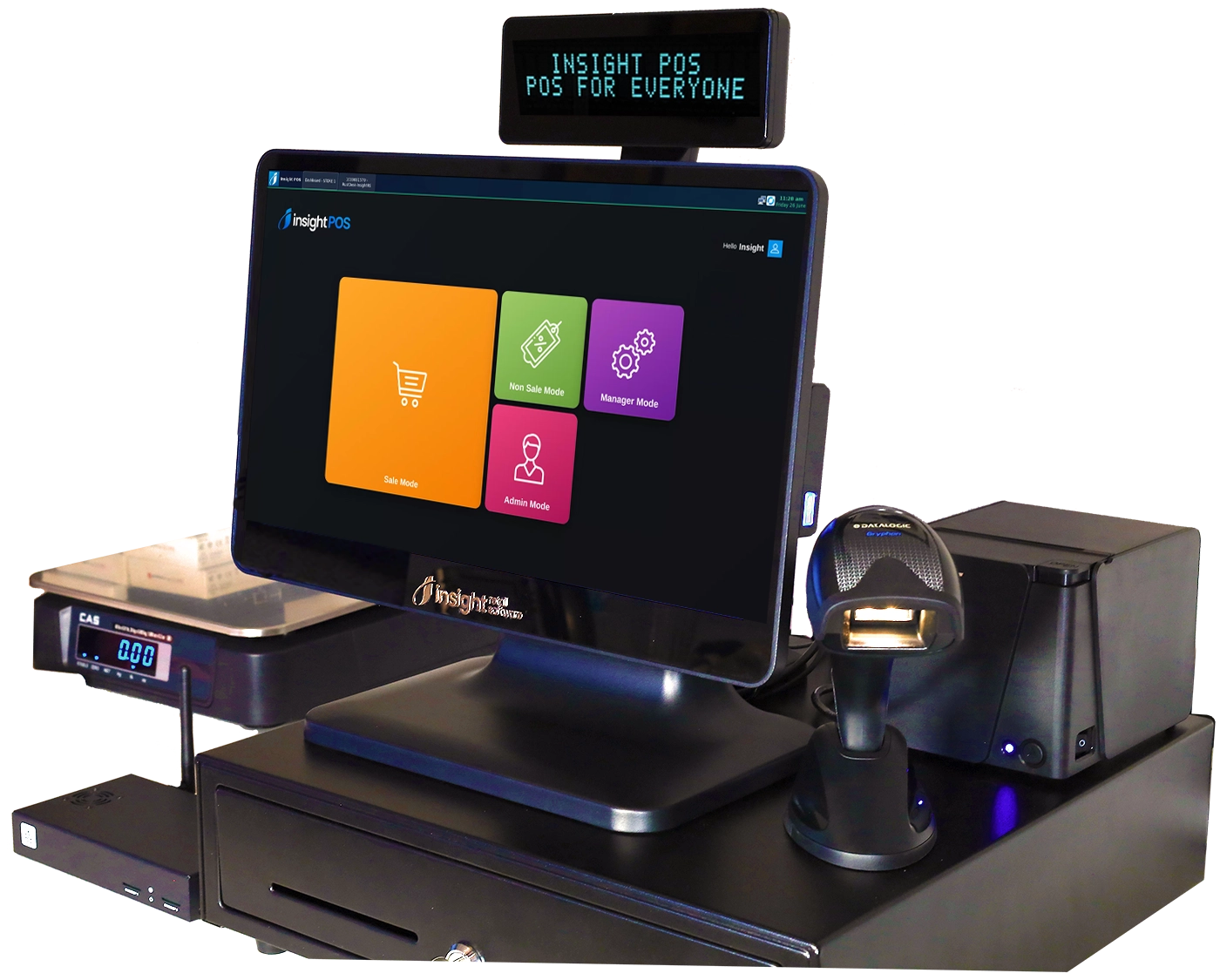 The Insight POS Workstation in use — RPi POS PC, G2 aluminum monitor, VFD customer display, receipt printer, cash drawer, scanner, and integrated scale