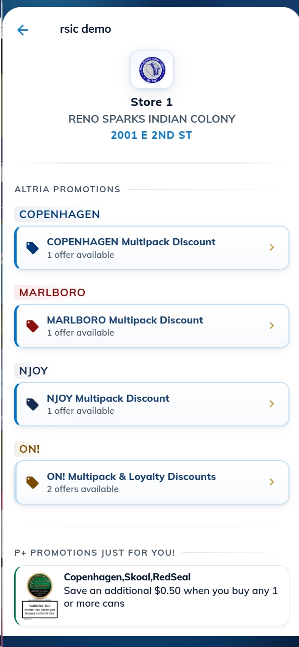 The Insight customer web app — Altria multipack promotions and a personalized 'P+ Promotions just for you' offer on the shopper's phone.